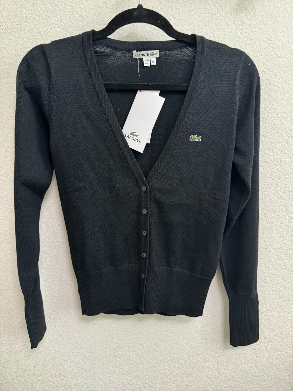 Lacoste Black V-Neck Button Front Cardigan (36 - S)